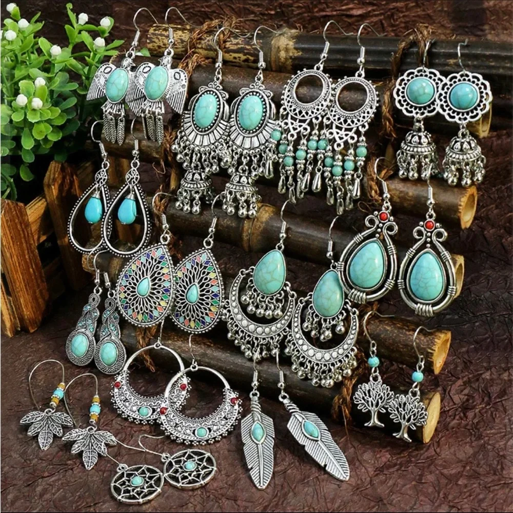 (Last 1) Bohemian vintage style turquoise stone drop earrings boho country aztec - Picture 3 of 5